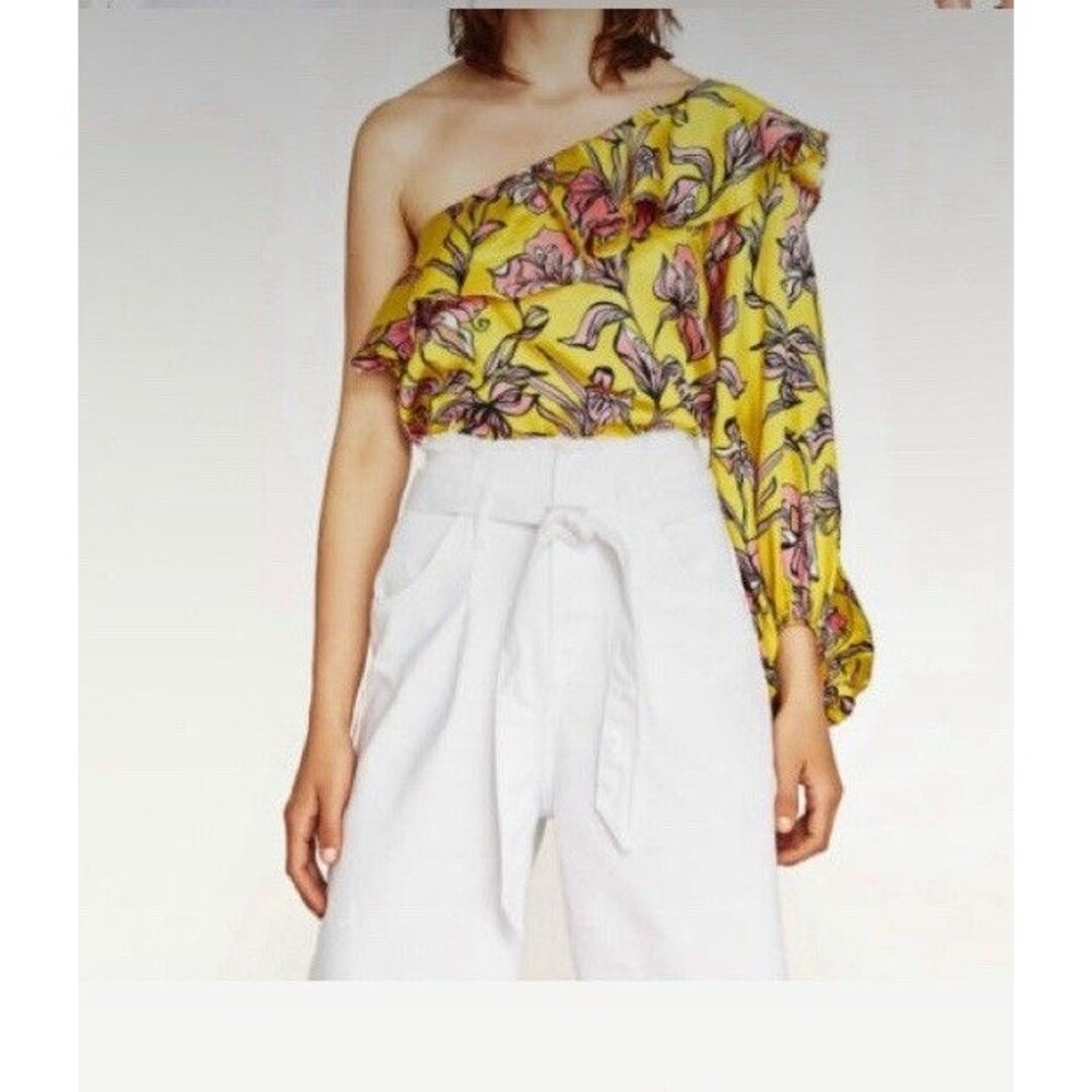 Zara Women Bodysuit Medium Yellow Floral One Sleeve Boho Top Tropical Vacay New